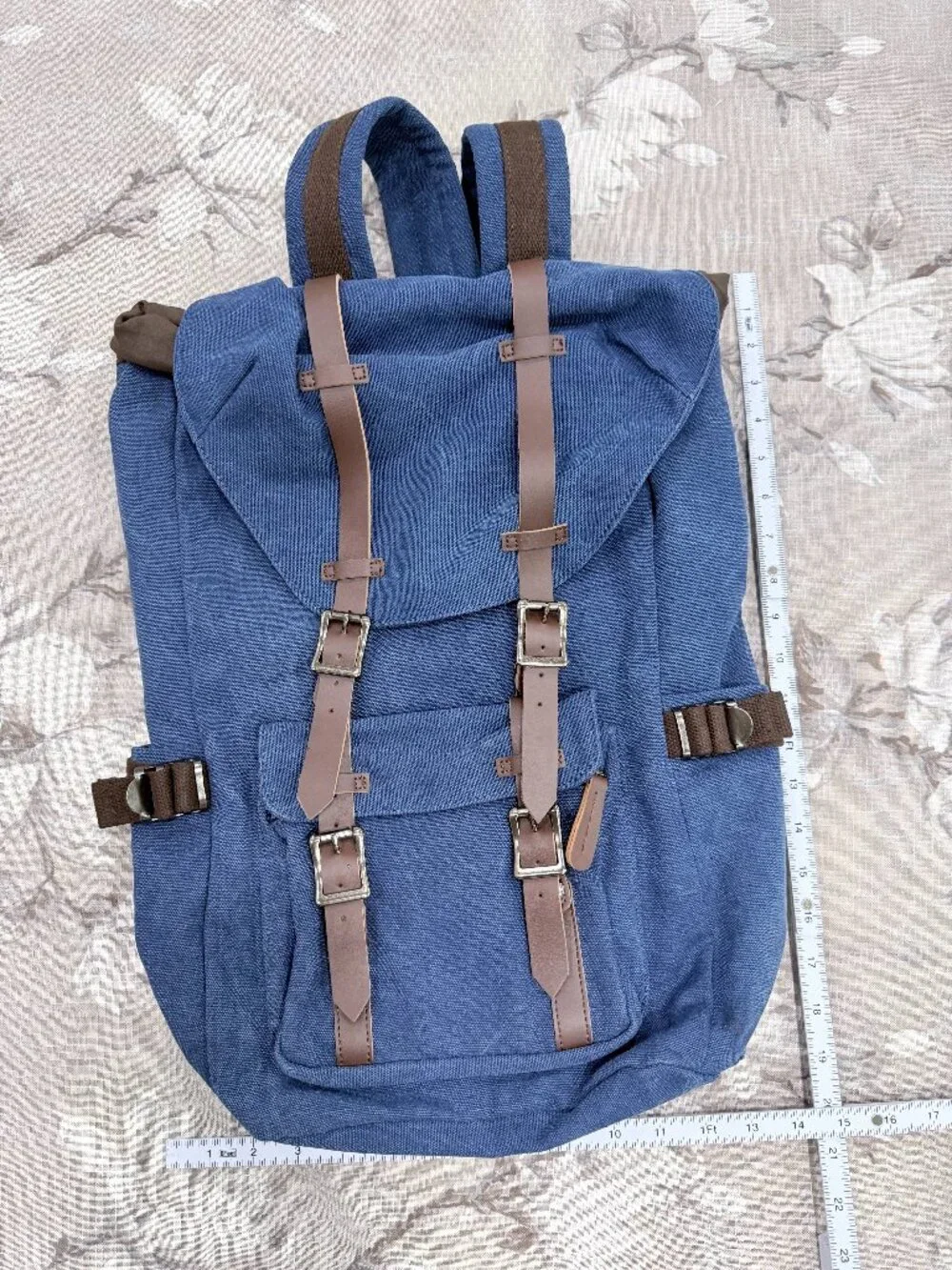 Blue Canvas Laptop Backpack Roll Top Leather Strap Travel School Hiking Bag